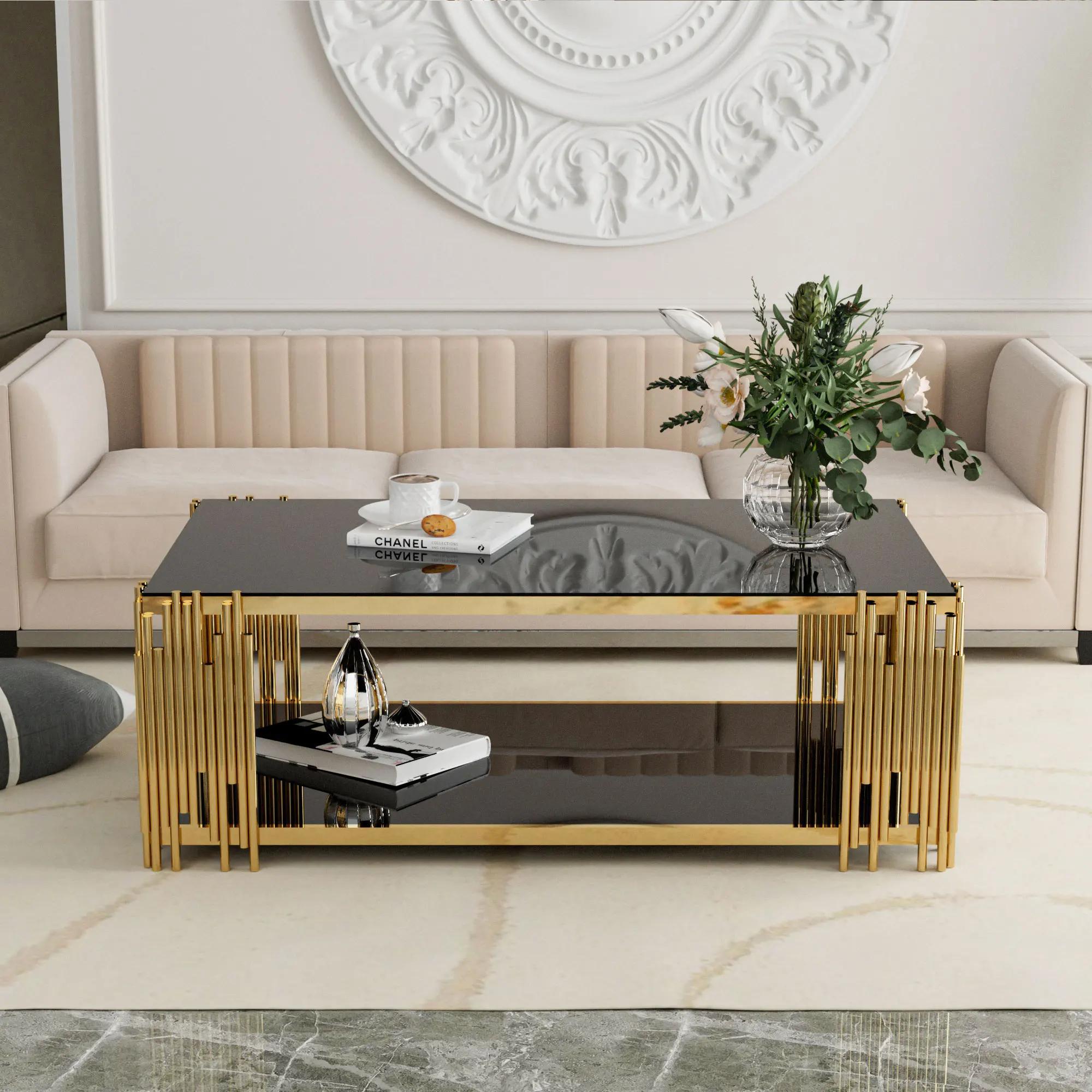 Table basse rectangulaire en verre pour salon, acier inoxydable, table centrale moderne, verre noir