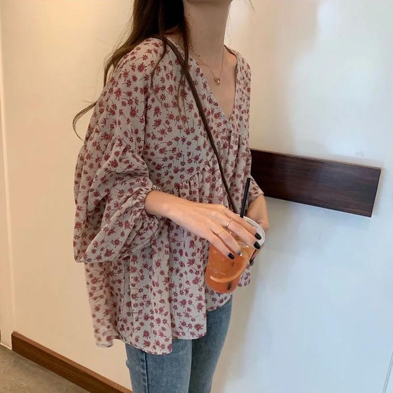 Col en v en mousseline de soie chemise femmes doux hauts Blouse 2025 printemps coréen imprimé fleuri