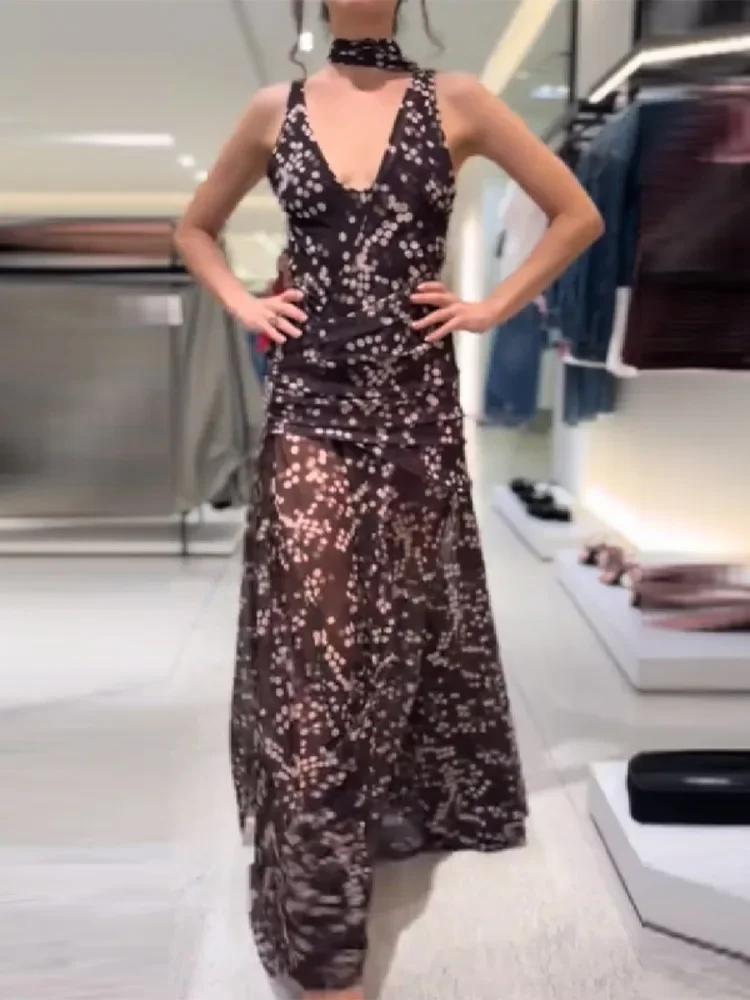 Robe longue maxi tendance pour femme à pois en maille, col en V profond chic, sans manches, transpar