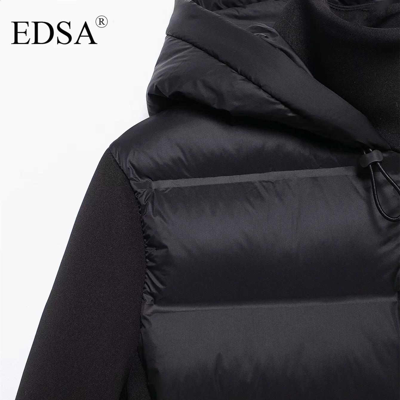 EDSA Veste rembourrée noire pour femme, capuche réglable avec bouchons, col haut, manches longues, p
