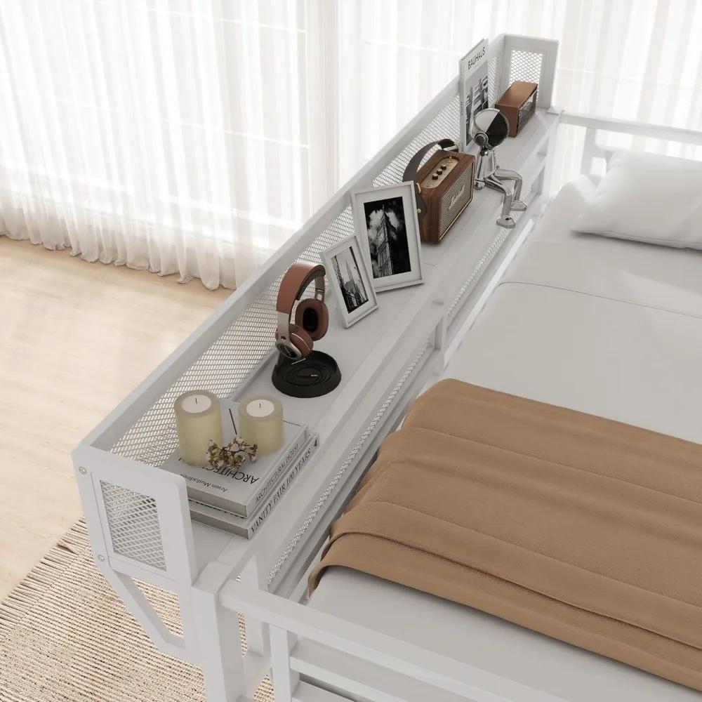 Lit mezzanine en métal robuste taille Queen avec 5 rangements, bureau et escalier