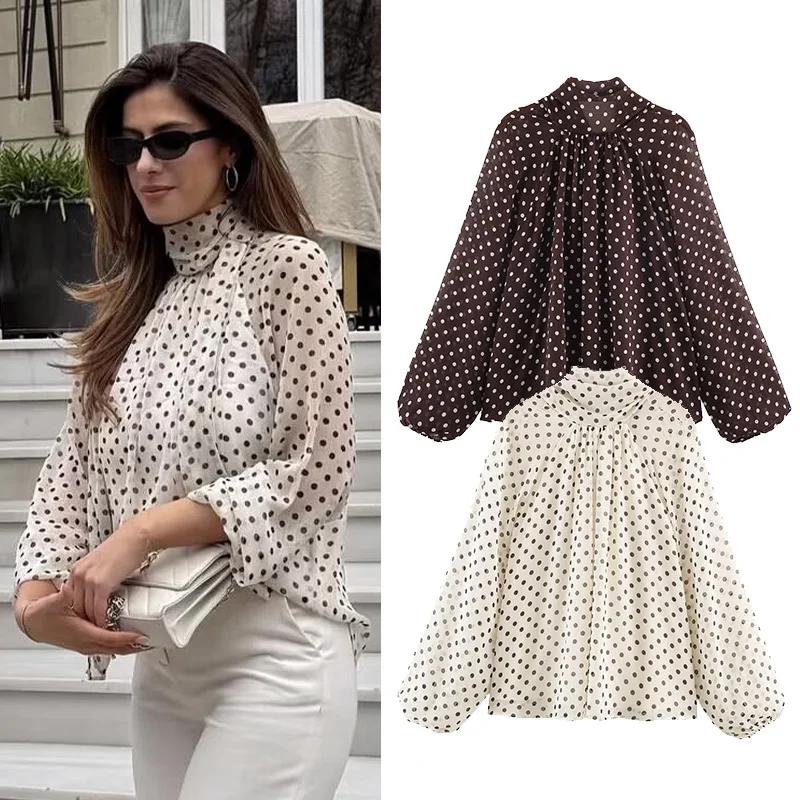 Femmes à pois imprimé Blouse décontracté col haut à manches longues dame haut Simple femmes Blouse f