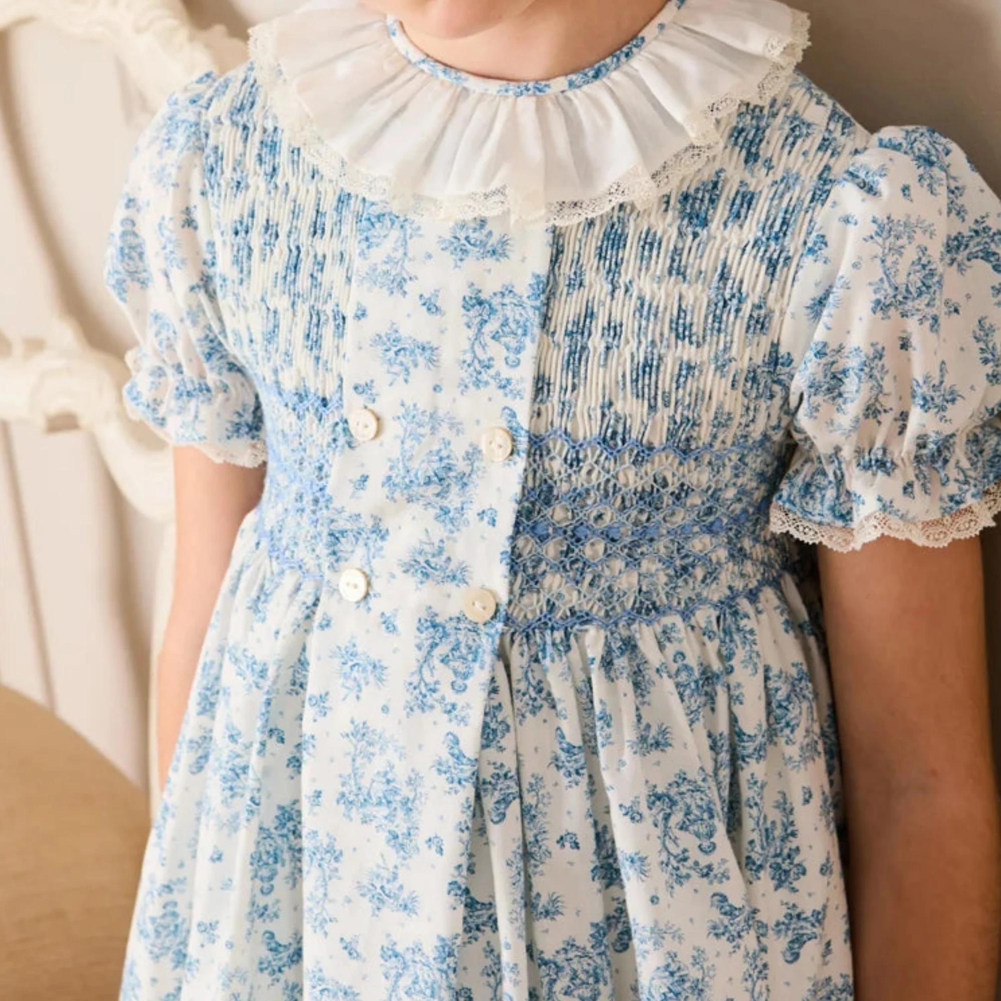 Robe d'été pour filles, style smocké, manches courtes bouffantes, col en dentelle à volants, imprimé