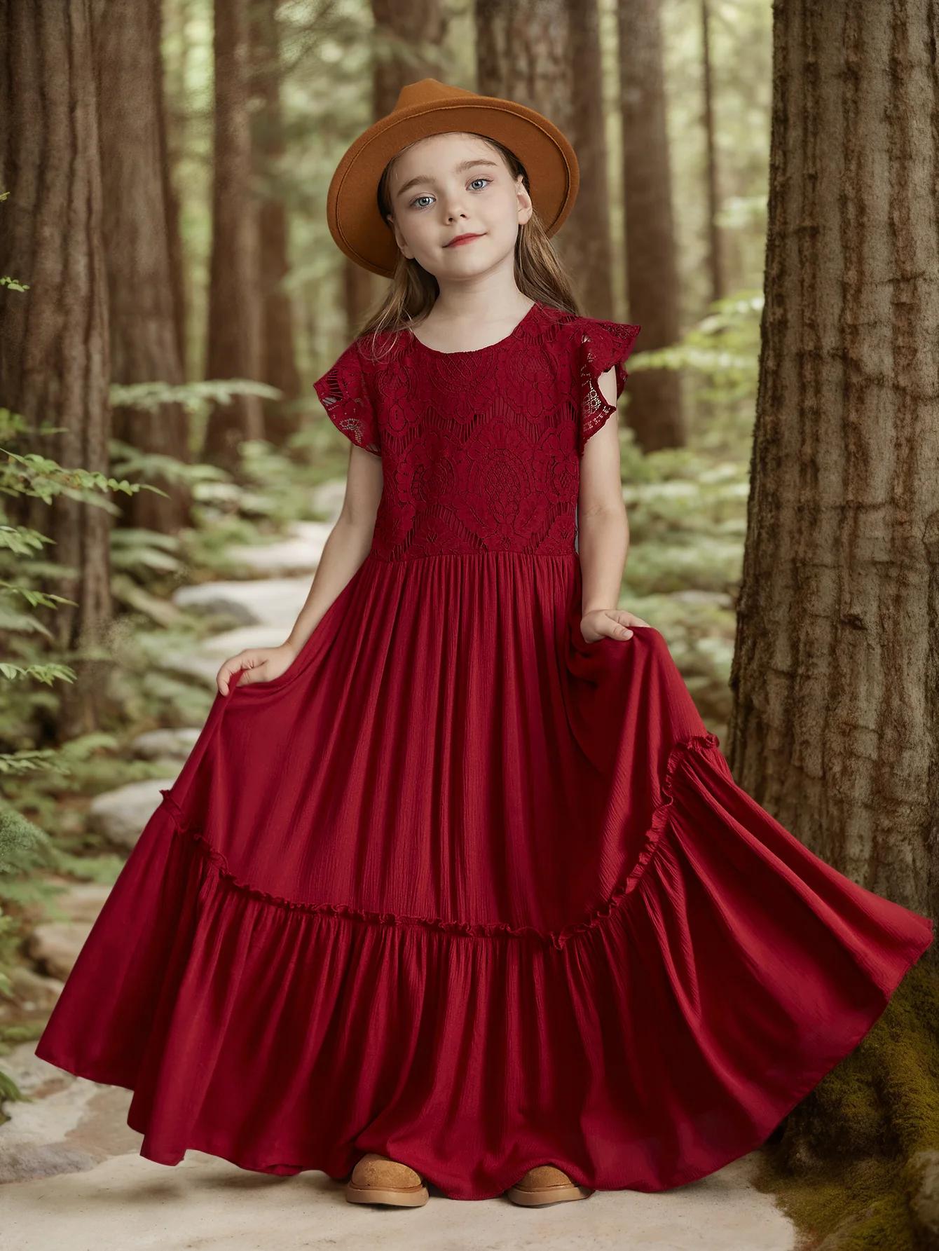 Robe de soirée dentelle bohême pour filles 3-14 ans - Robe princesse fleurie pour mariage et cérémonie