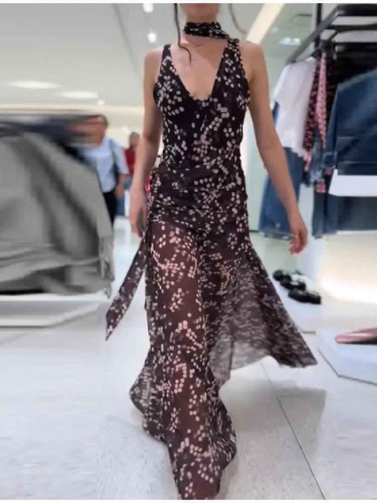 Robe longue maxi tendance pour femme à pois en maille, col en V profond chic, sans manches, transpar