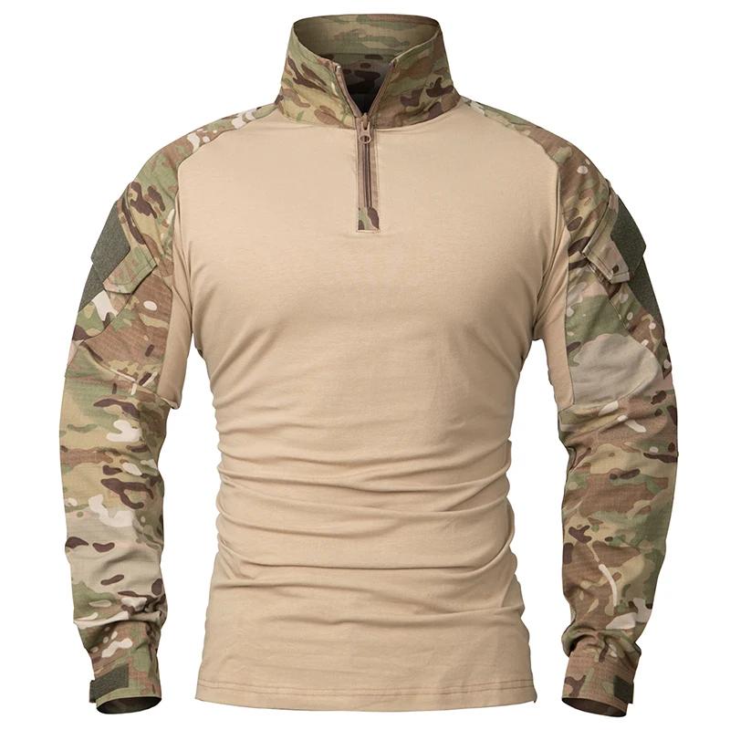 Chemise de Combat à manches longues pour hommes, fermeture éclair 1/4, chemises tactiques en coton R