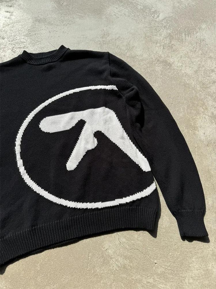 Pull homme Y2K Aphex double tricot surdimensionné pull gothique hiver graphique Streetwear à manches