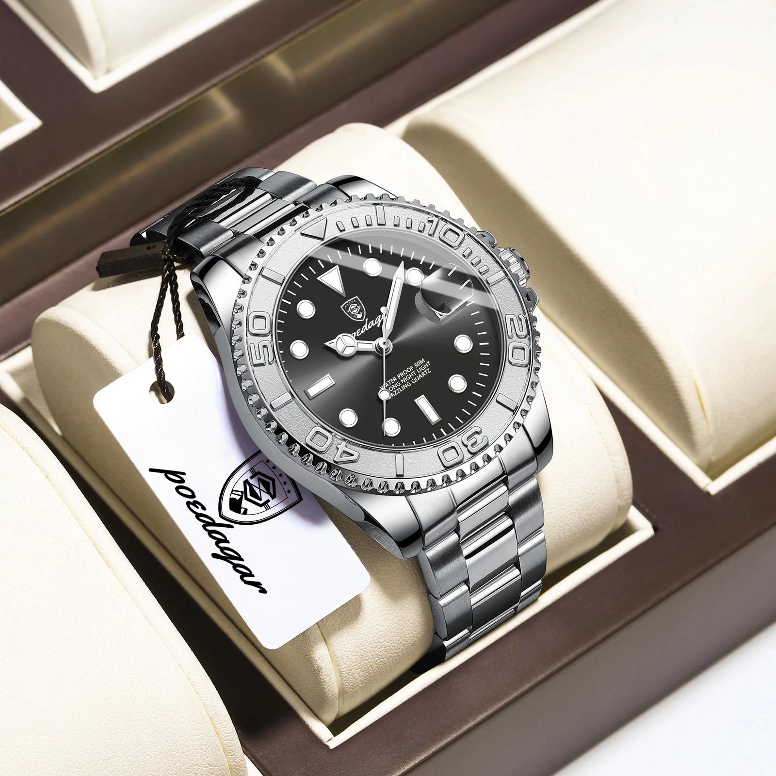 POEDAGAR haut de gamme homme montre étanche lumineux Date hommes montre en acier inoxydable mâle hor