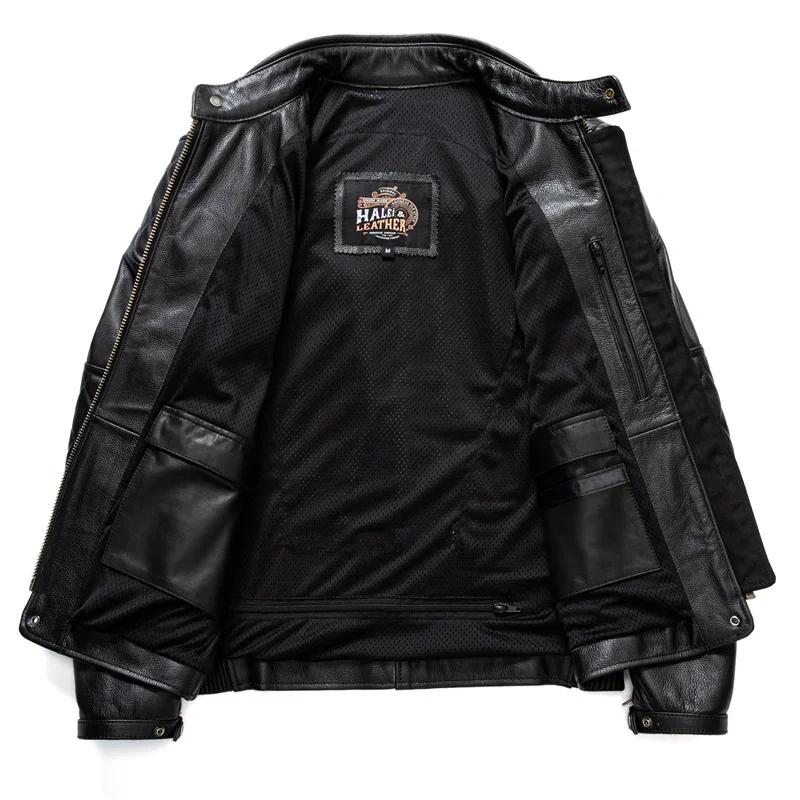 Veste en cuir de vachette couche supérieure pour hommes, col montant noir, manteau court en cuir vér