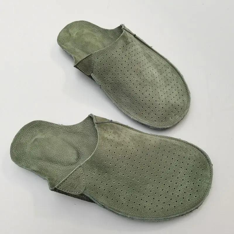 Pantoufles mules en cuir naturel pour hommes, pantoufles d'été en cuir de vache creux, respirant, fo