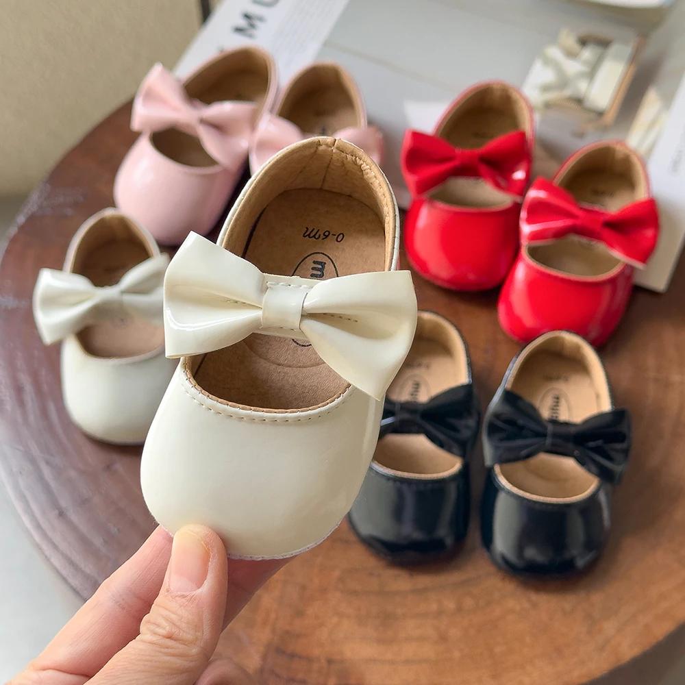 Chaussures pour nouveau-né fille, chaussures en PU antidérapantes avec nœud papillon, robe de prince
