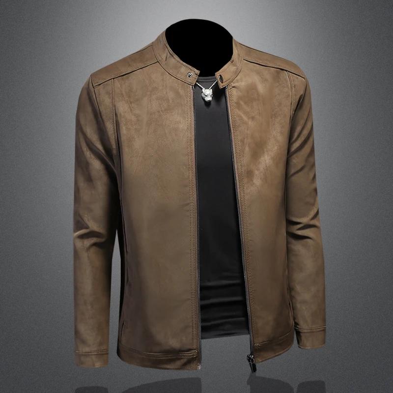 2025 nouvelle veste en cuir coupe ajustée de haute qualité, veste en cuir de moto à col montant déco
