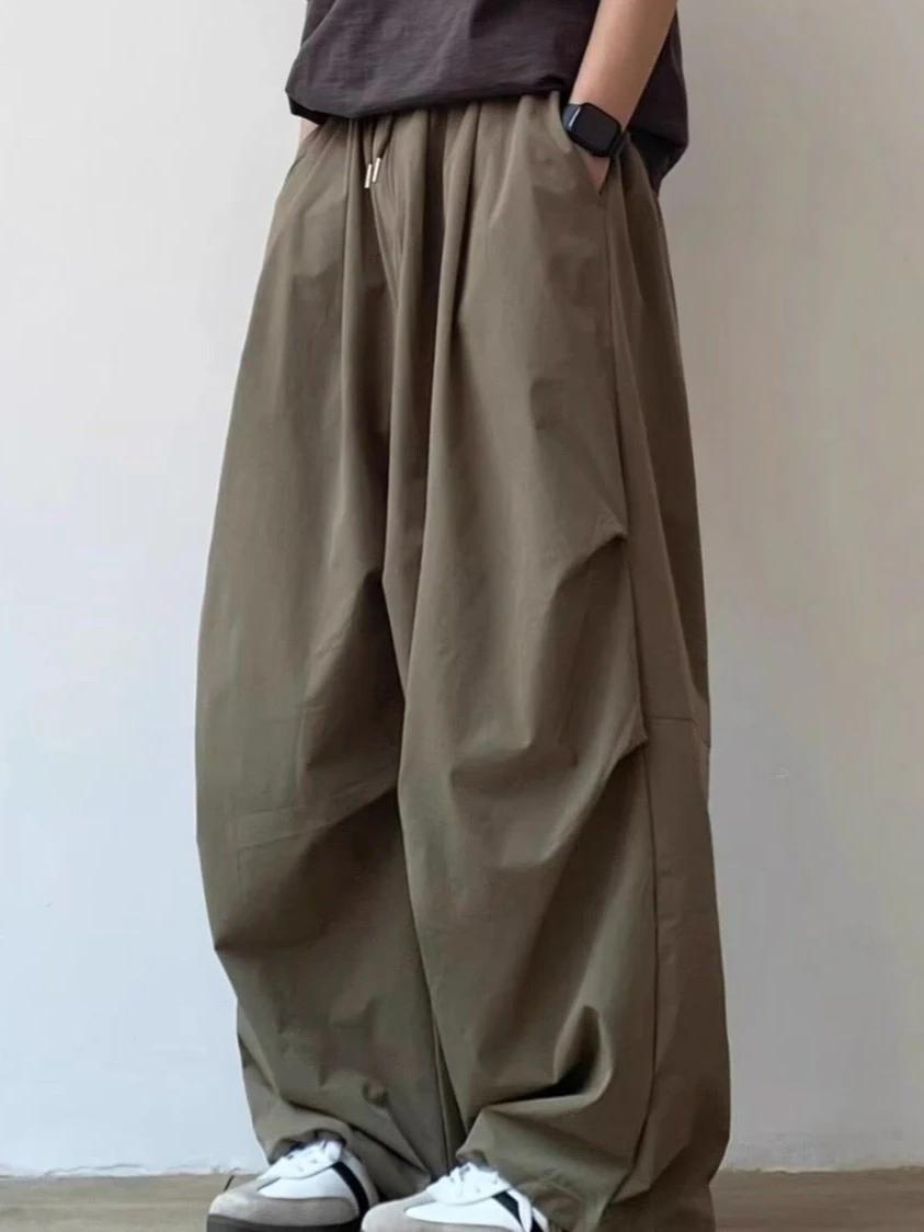 Pantalon décontracté unisexe plissé ample taille élastique coupe droite couleur unie style vintage j