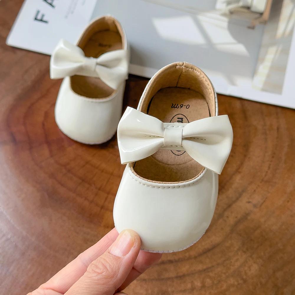 Chaussures pour nouveau-né fille, chaussures en PU antidérapantes avec nœud papillon, robe de prince