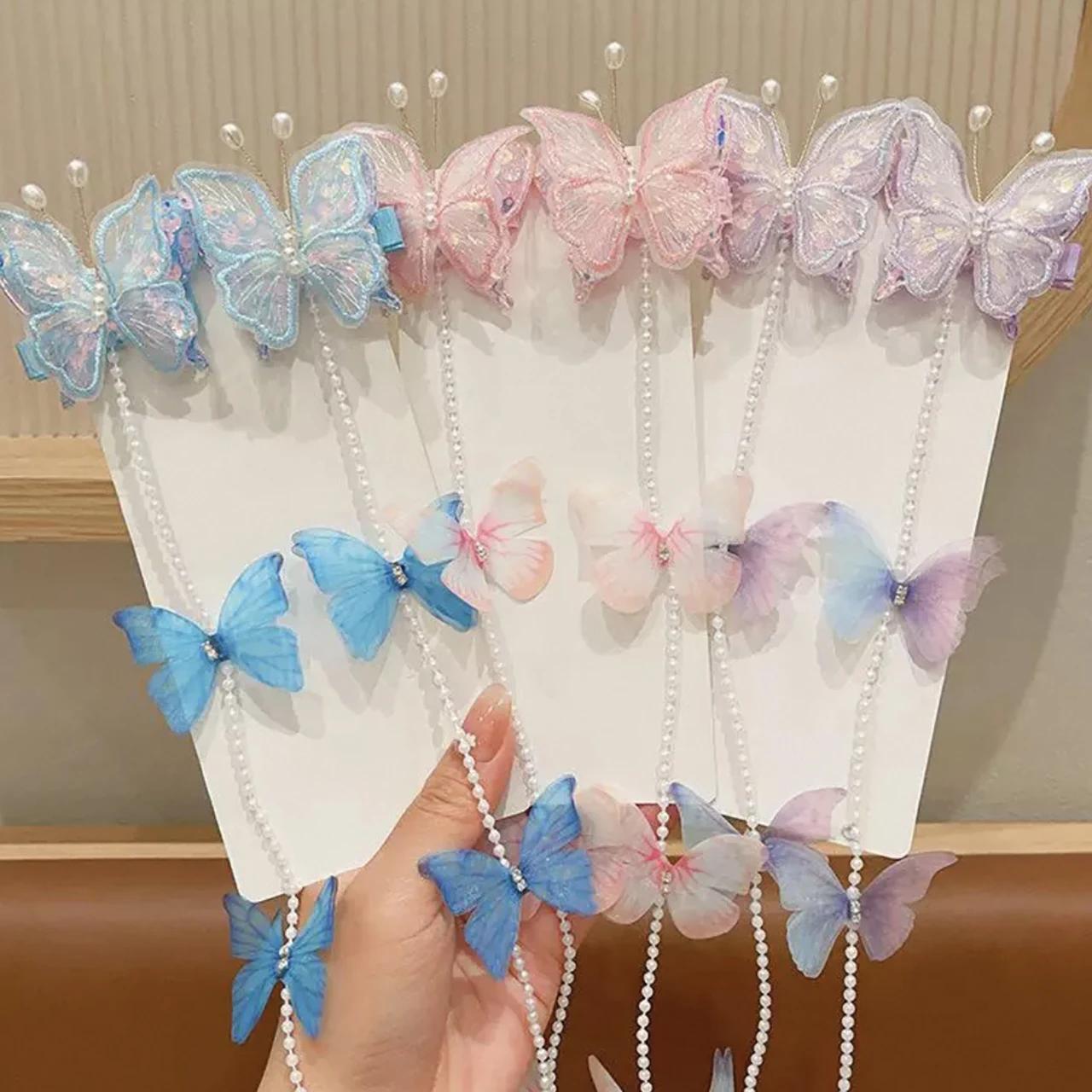 Pince à cheveux féerique en perles et papillons, 2 pièces/ensemble, princesse fille, pompon tressé,