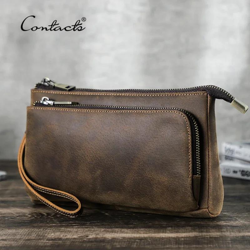 CONTACT'S Pochette Homme en Cuir Véritable, Sac à Main Design, Portefeuille Long, Sac de Voyage pour