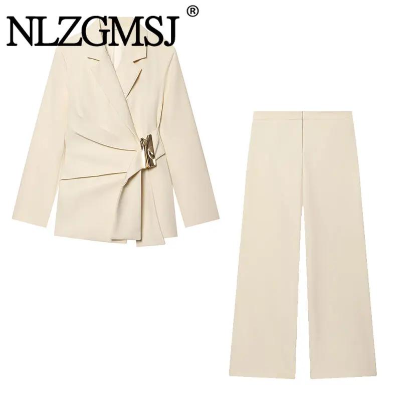 NLZGMSJ 2026 Nouveauté Printemps – Ensemble Chic Femme de Bureau : Blazer Uni à Manches Longues et P