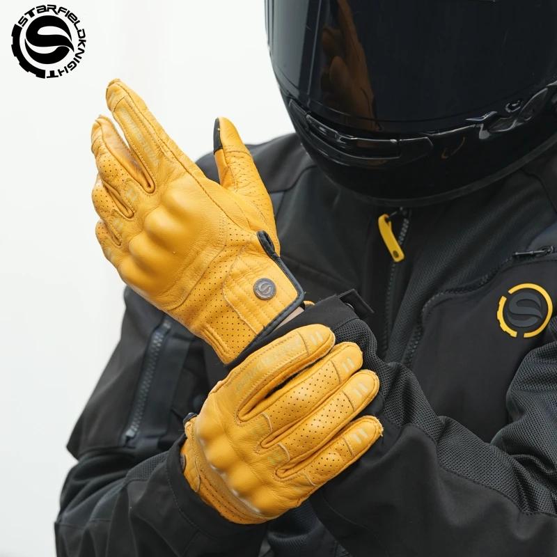 SFK – gants de moto rétro en cuir de chèvre véritable, doigt complet, Protection des articulations r