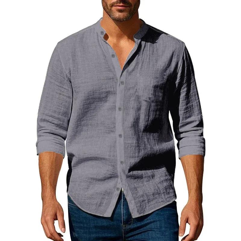 Chemise en coton et lin pour hommes, col Henley, couleur unie, légère, respirante, coupe cintrée, si