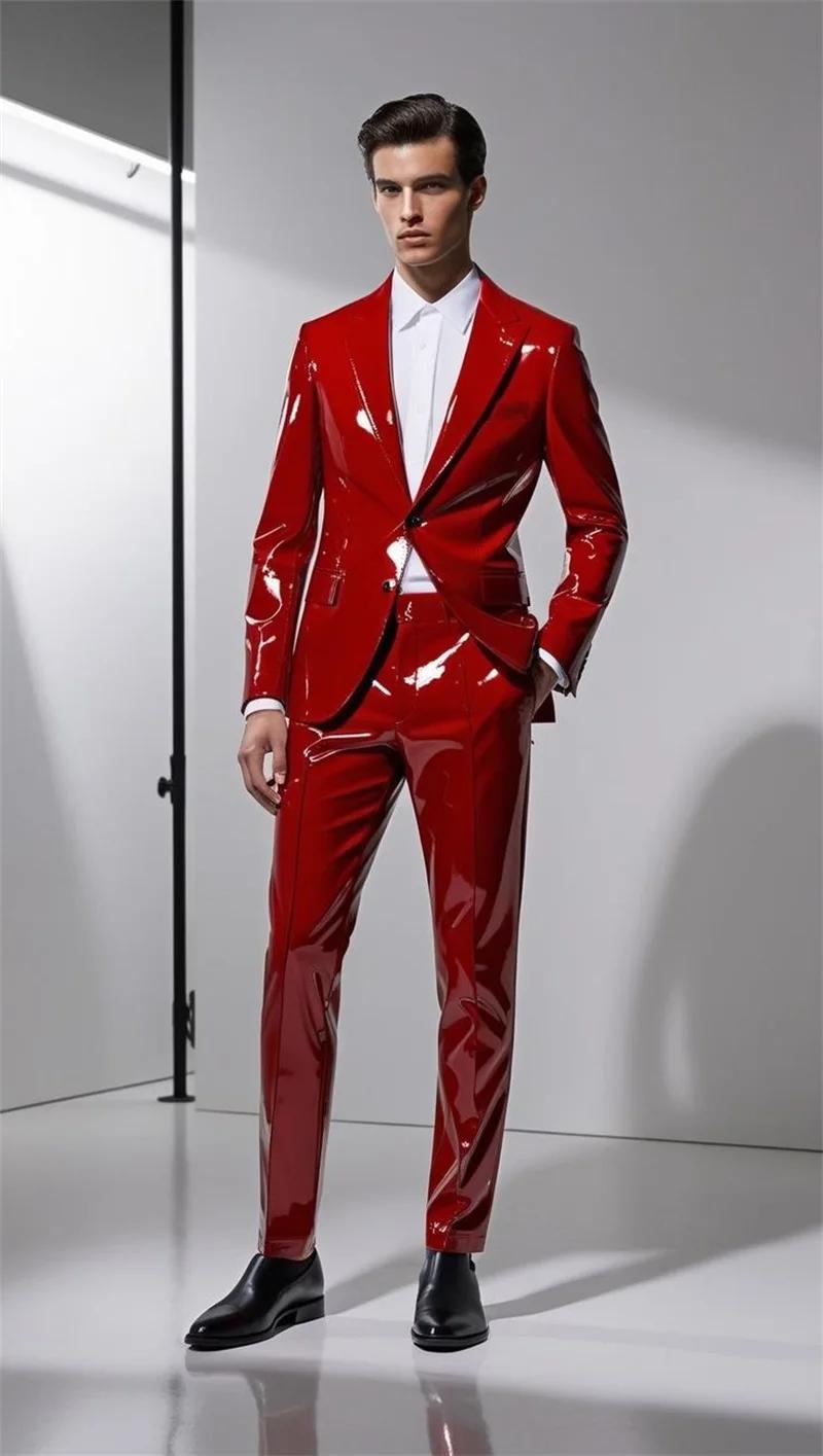 Ensemble de costumes en cuir PU brillant pour hommes, 2 pièces, Blazer + pantalon, smoking de mariag