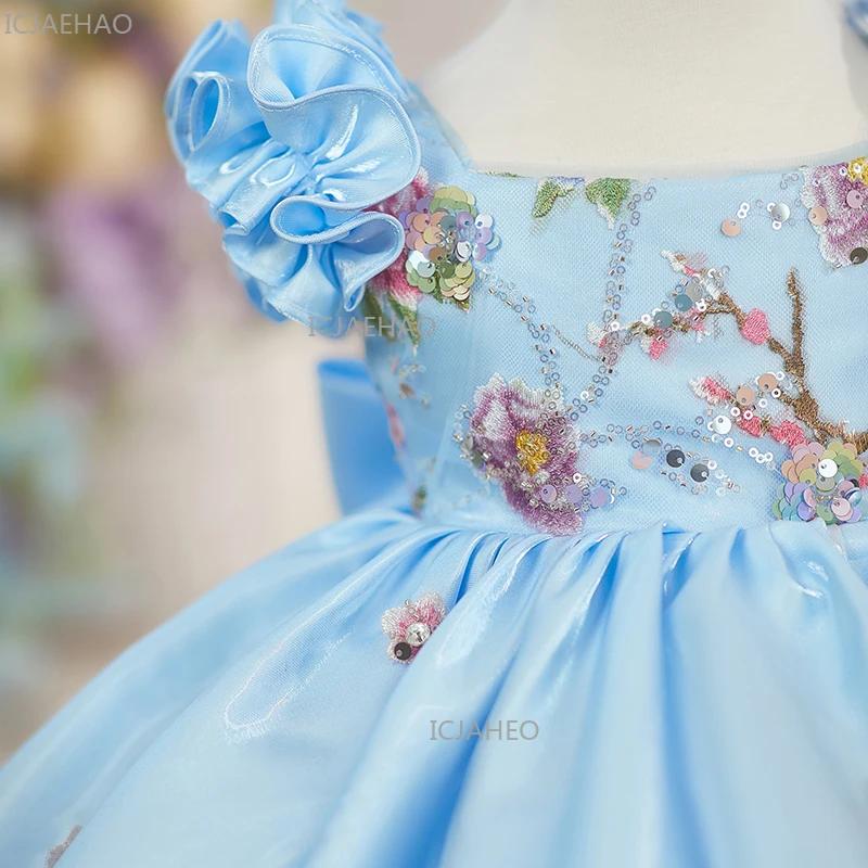 Nouvelle Robe de Princesse Bleue pour Enfants à Manches Volantes, Robe de Demoiselle d'Honneur pour