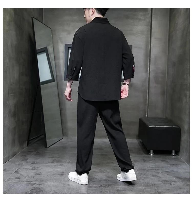 Ensemble Homme Printemps-Été Léger Deux Pièces en Soie Glacée : Haut Boutonné à Col en V et Manches