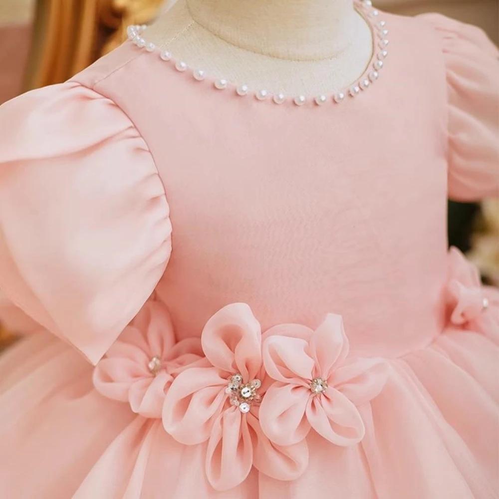 Robe de Rhen tulle rose à manches bouffantes pour filles, robes de princesse à fleurs 3D mignonnes,
