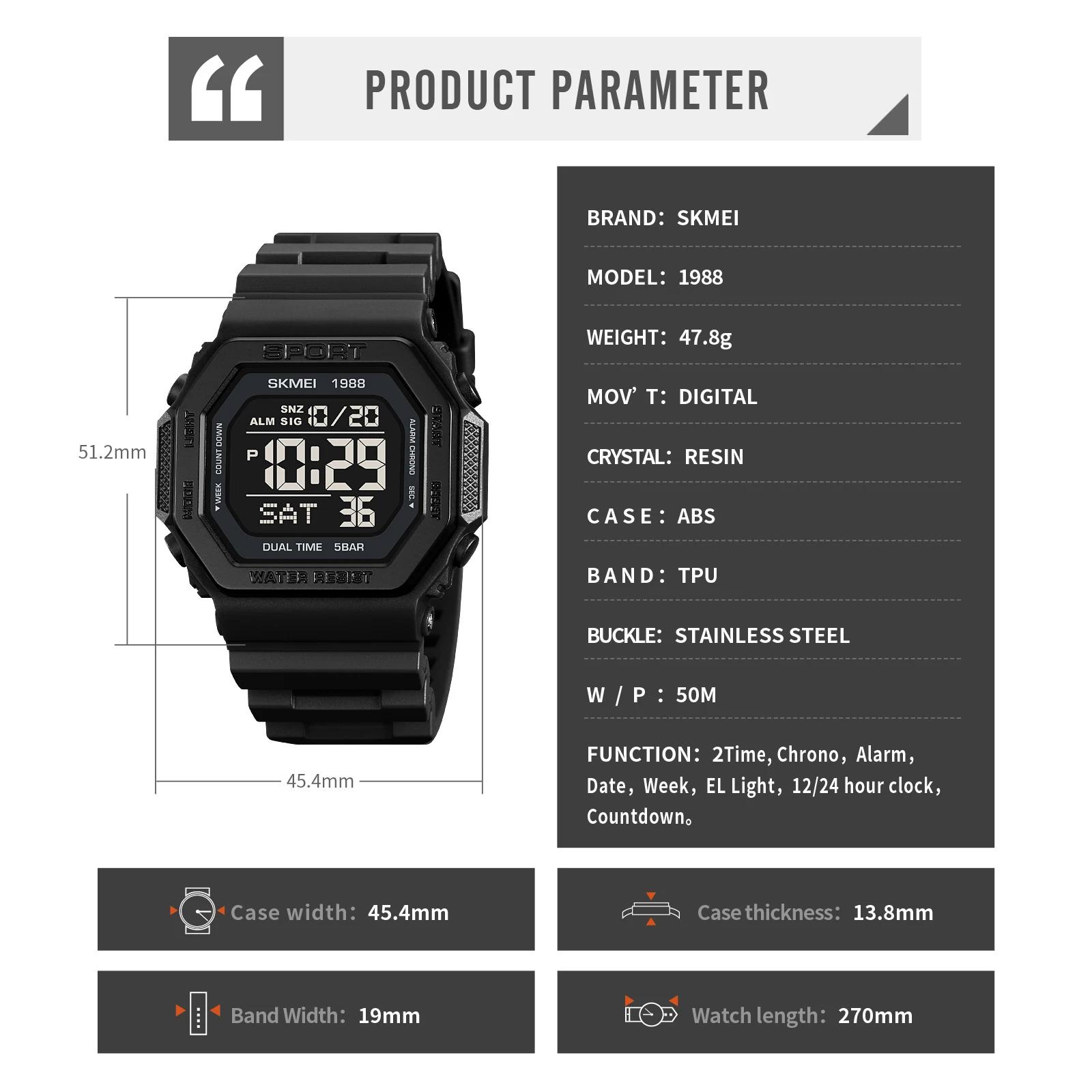 SKMEI 1988 montre de sport numérique pour hommes LED affichage militaire compte à rebours montres ét