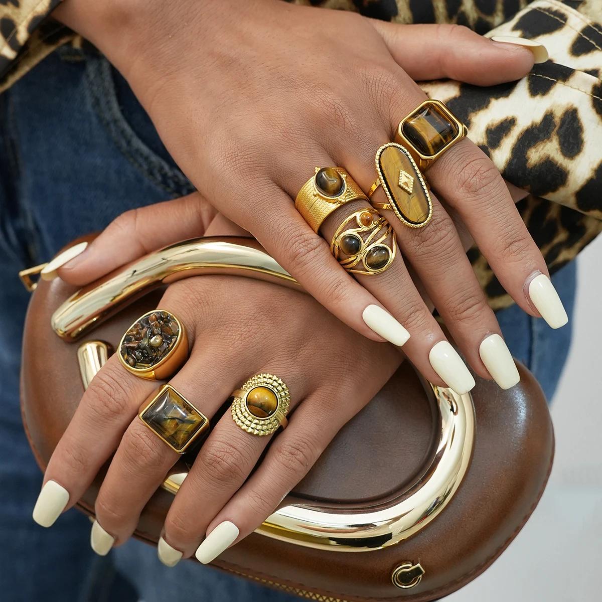 Bague ovale en pierre marron et acier inoxydable pour femmes, anneaux empilés réglables, bijoux cade
