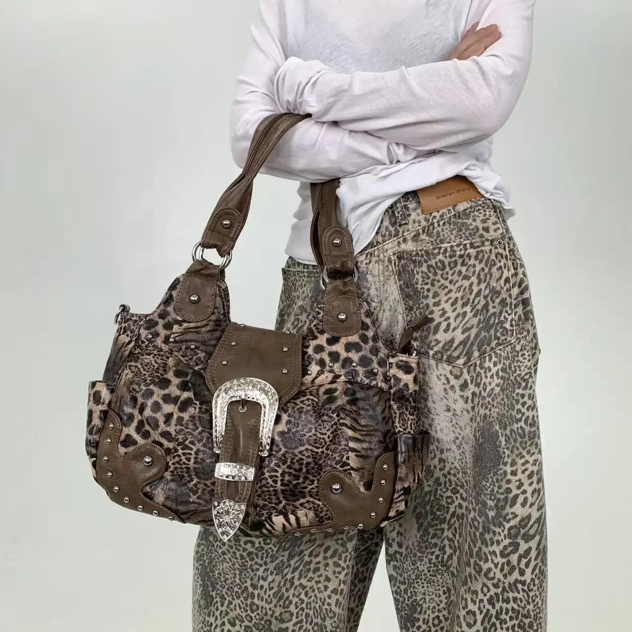 Y2K – sac fourre-tout en patchwork imprimé léopard pour fille épicée, personnalité de rue, avec plus