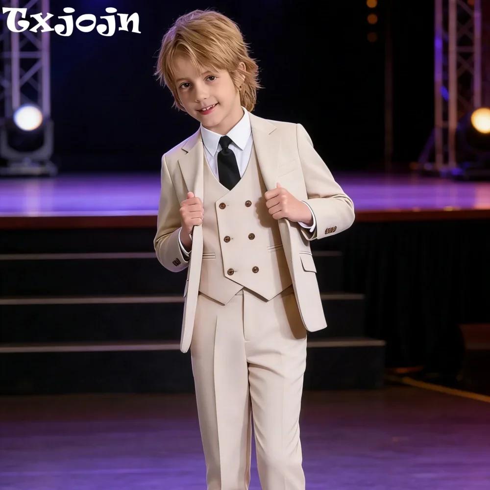 Ensemble de costume formel beige pour garçons, 4 pièces, vêtements de scène, revers cranté, ensemble