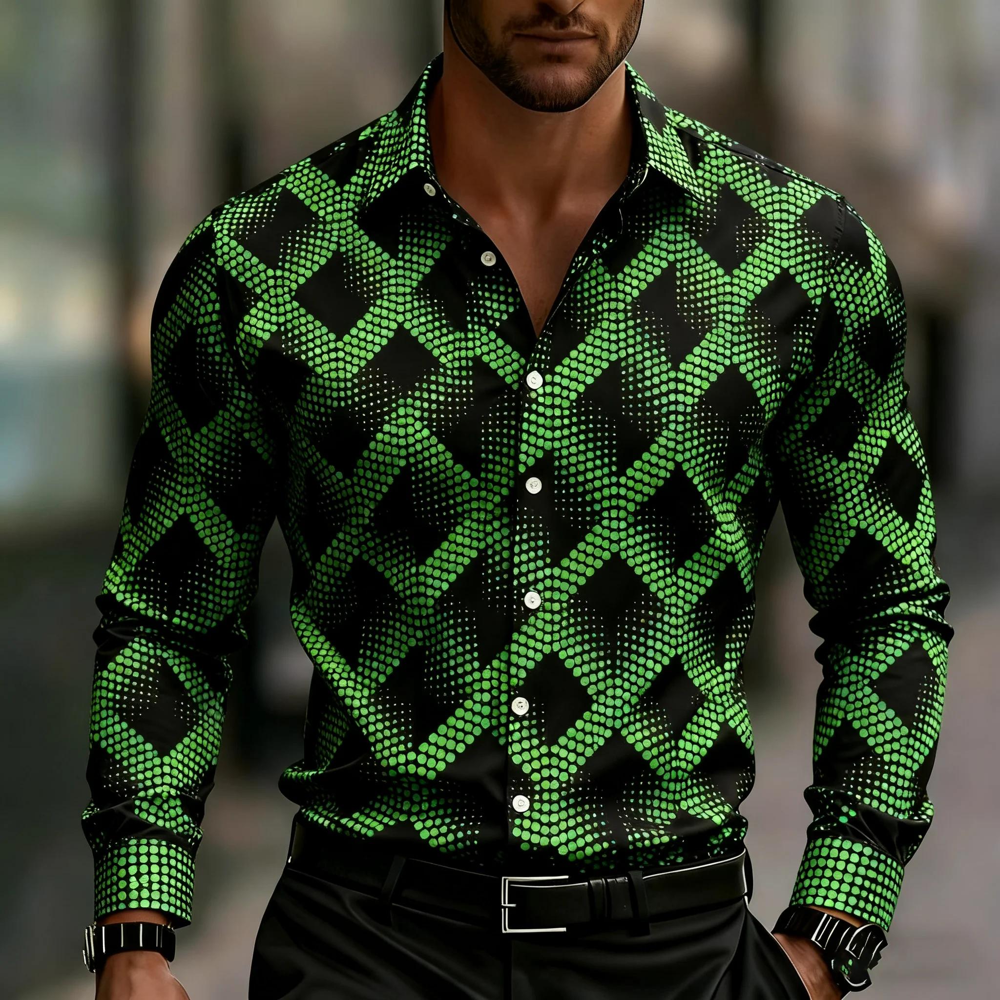 Chemise homme à manches longues imprimé géométrique, chemise boutonnée élégante, avec motifs carrés