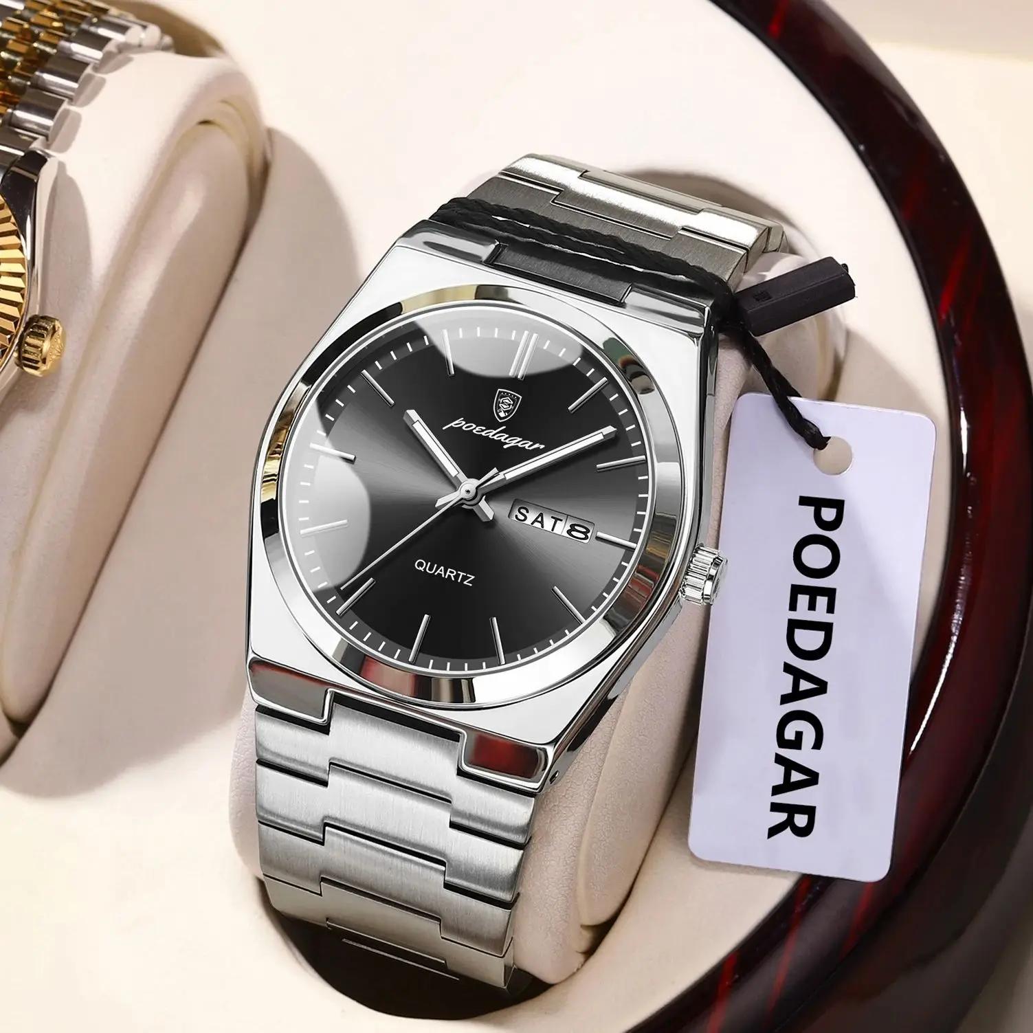 POEDAGAR montre-bracelet à Quartz pour hommes de luxe étanche lumineux Date semaine homme montre en