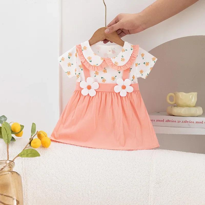 Robe d'été pour petites filles, imprimé floral, dentelle, à revers, mignonne, vacances, deux