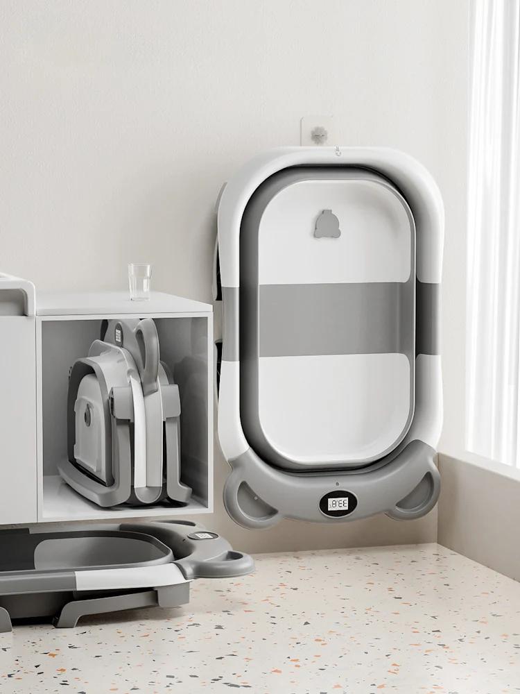 Baignoire pliable pour nouveau-né, avec thermomètre et 1 coussin flottant doux, baignoire de voyage