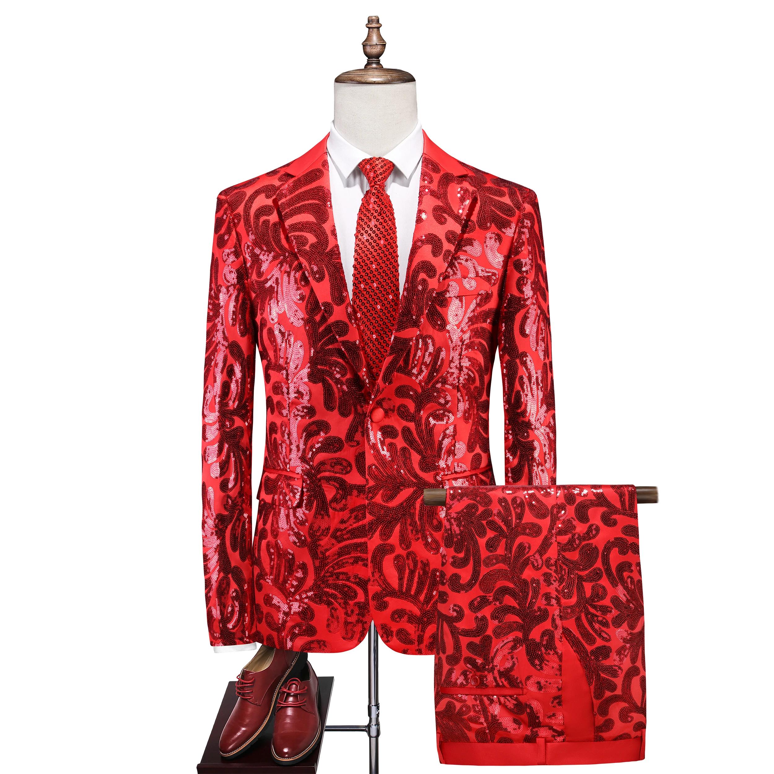 Costume homme slim rouge à paillettes, deux pièces, haut + pantalon, disponible en bleu, noir, or, v