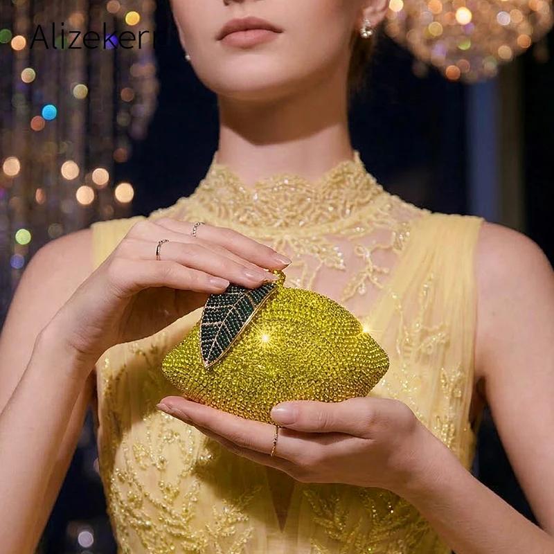 Sacs de soirée Alizekerr en forme de citron pour femmes, élégants sacs à main en métal ornés de stra