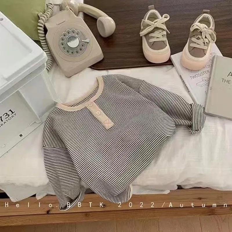 T-shirt rayé coréen à manches longues pour enfants, haut simple pour bébé, chemise chaude pour garço