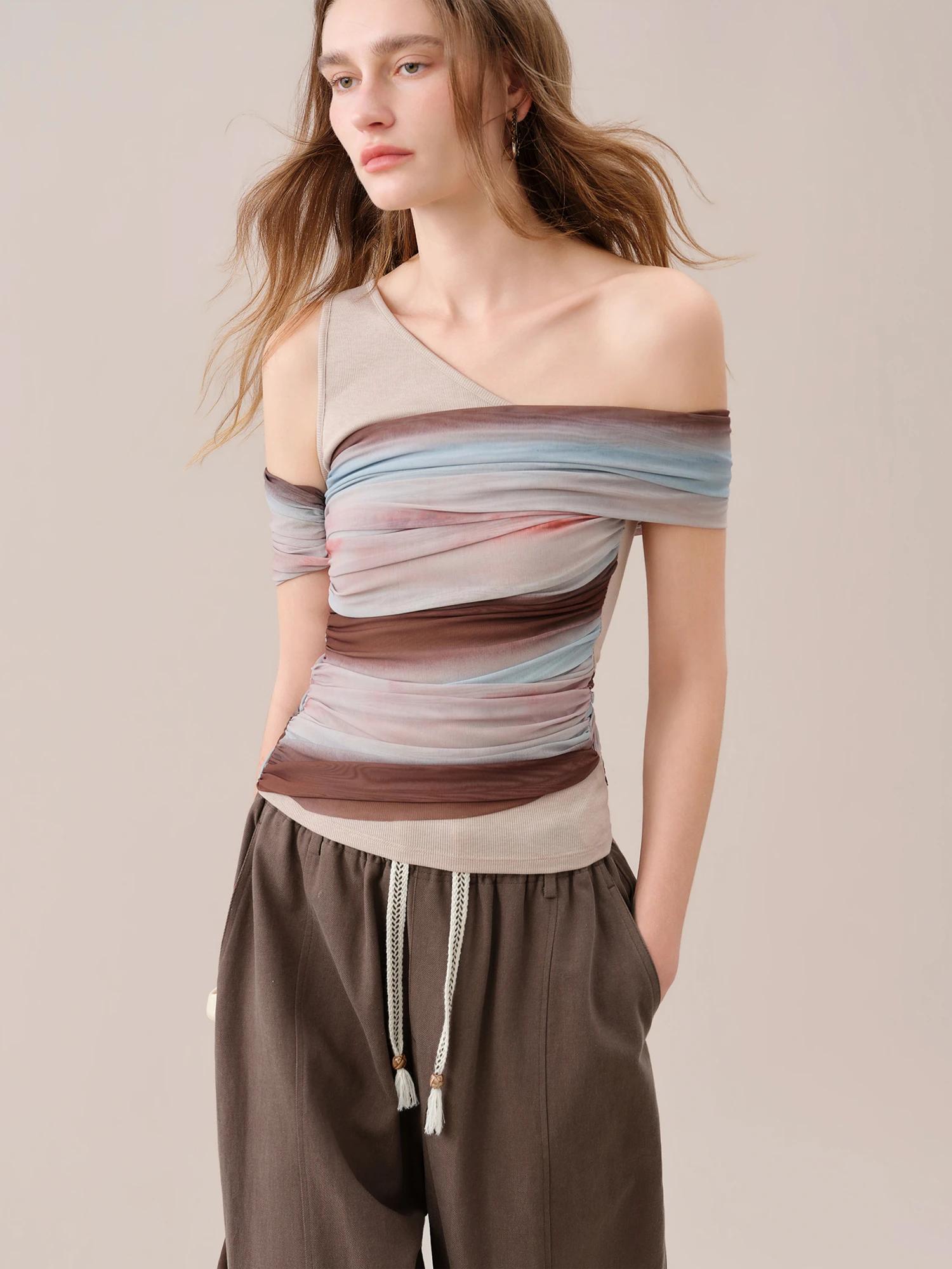 FSLE【Série Premium】T-shirt en tricot à col asymétrique et manches courtes pour femme, style rétro ét
