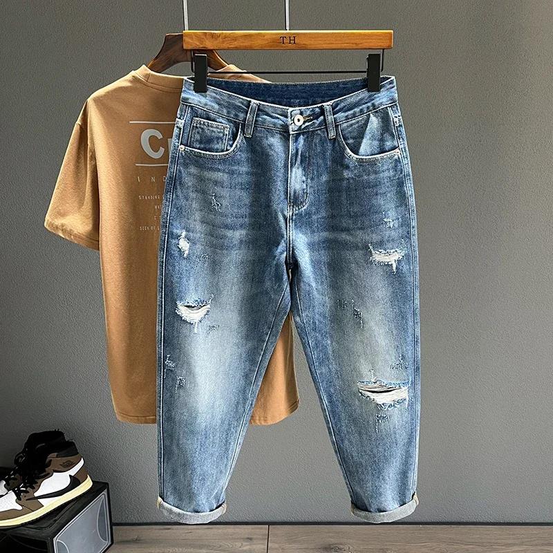 Jean Déchiré à Trous Coniques pour Homme, Denim Effiloché, Vintage, Décontracté, Bleu, Nouvelle Coll