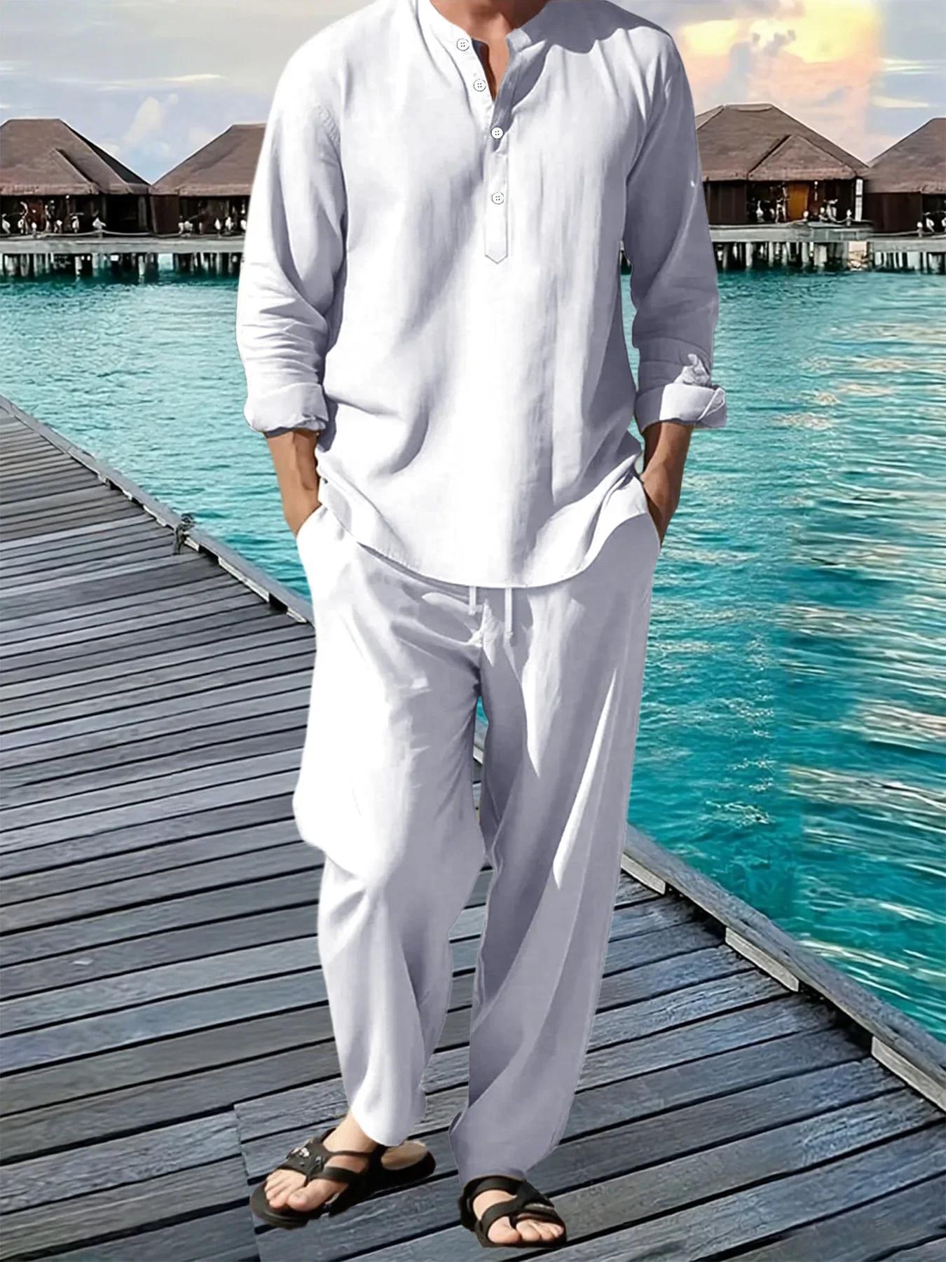 Costume chemise et pantalon pour hommes, respirant, plage, vacances hawaïennes, ensemble décontracté