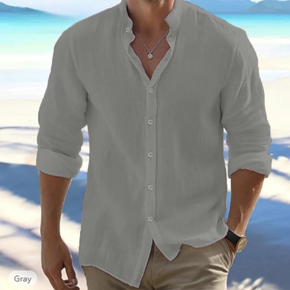 Hommes à manches longues coton lin été offre spéciale plage Style chemises couleur unie décontracté