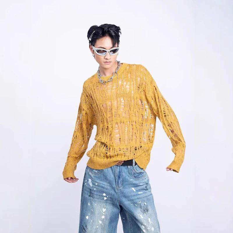 Vintage déchiré évider maille tricot pull hommes automne Streetwear mode col rond à manches longues