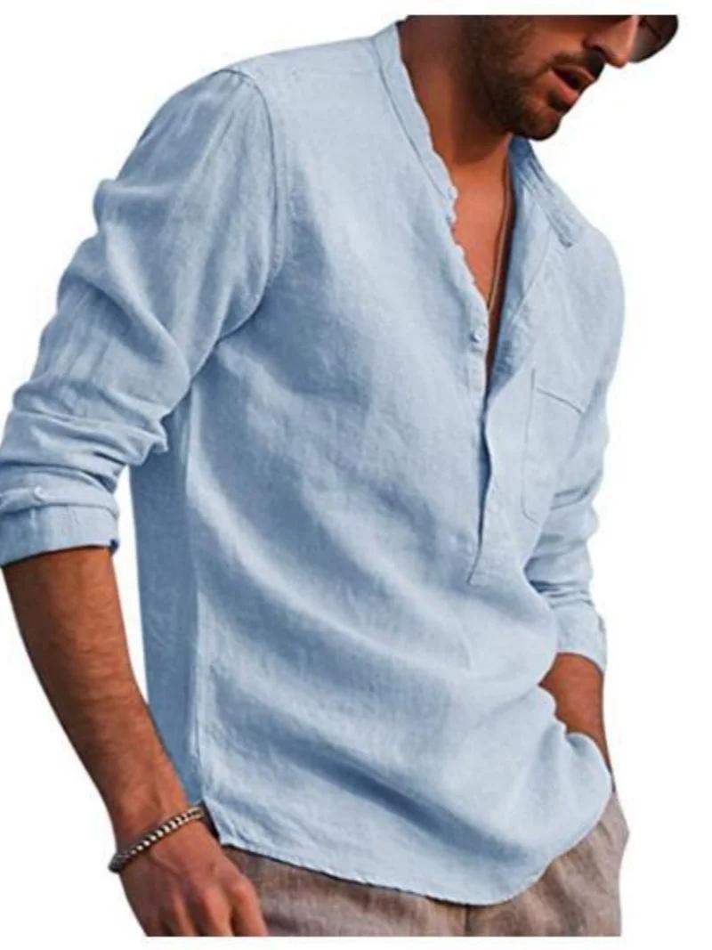 Chemise à manches longues en lin pour hommes, col montant, bouton sur le devant, poche simple sur la