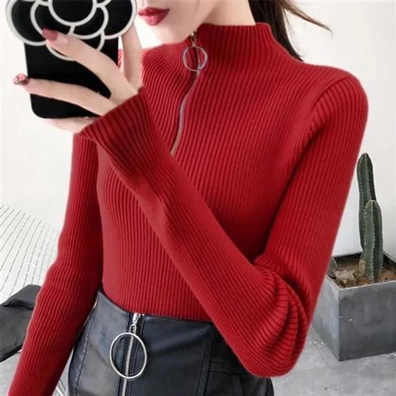 Tricoté femmes fermeture éclair demi col haut Pull pulls automne hiver basique femmes chandails minc