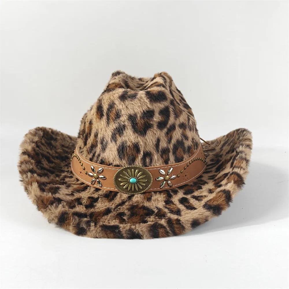 Chapeau de cowboy en fourrure de lapin imprimé léopard 7,5 cm Fedora de cowboy occidental pour homme