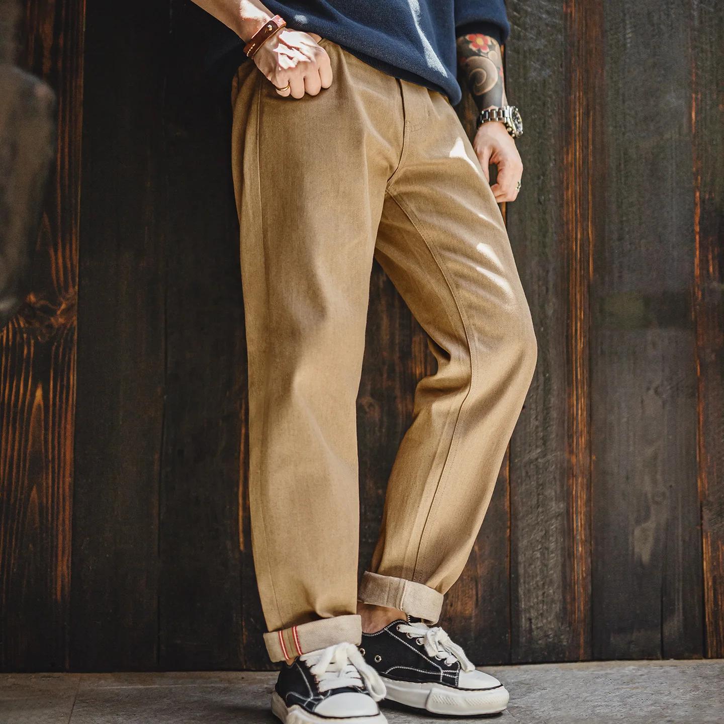 Maden hommes Vintage 11.7oz lisière jean brut kaki jambe droite coton Cowboy pantalon décontracté Zi