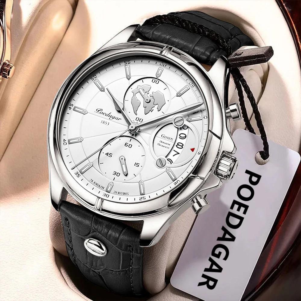 POEDAGAR luxe homme montre-bracelet chronographe Date étanche en cuir hommes montre décontracté Quar