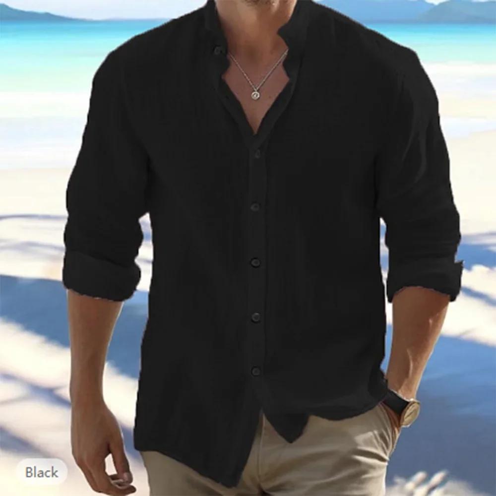Hommes à manches longues coton lin été offre spéciale plage Style chemises couleur unie décontracté