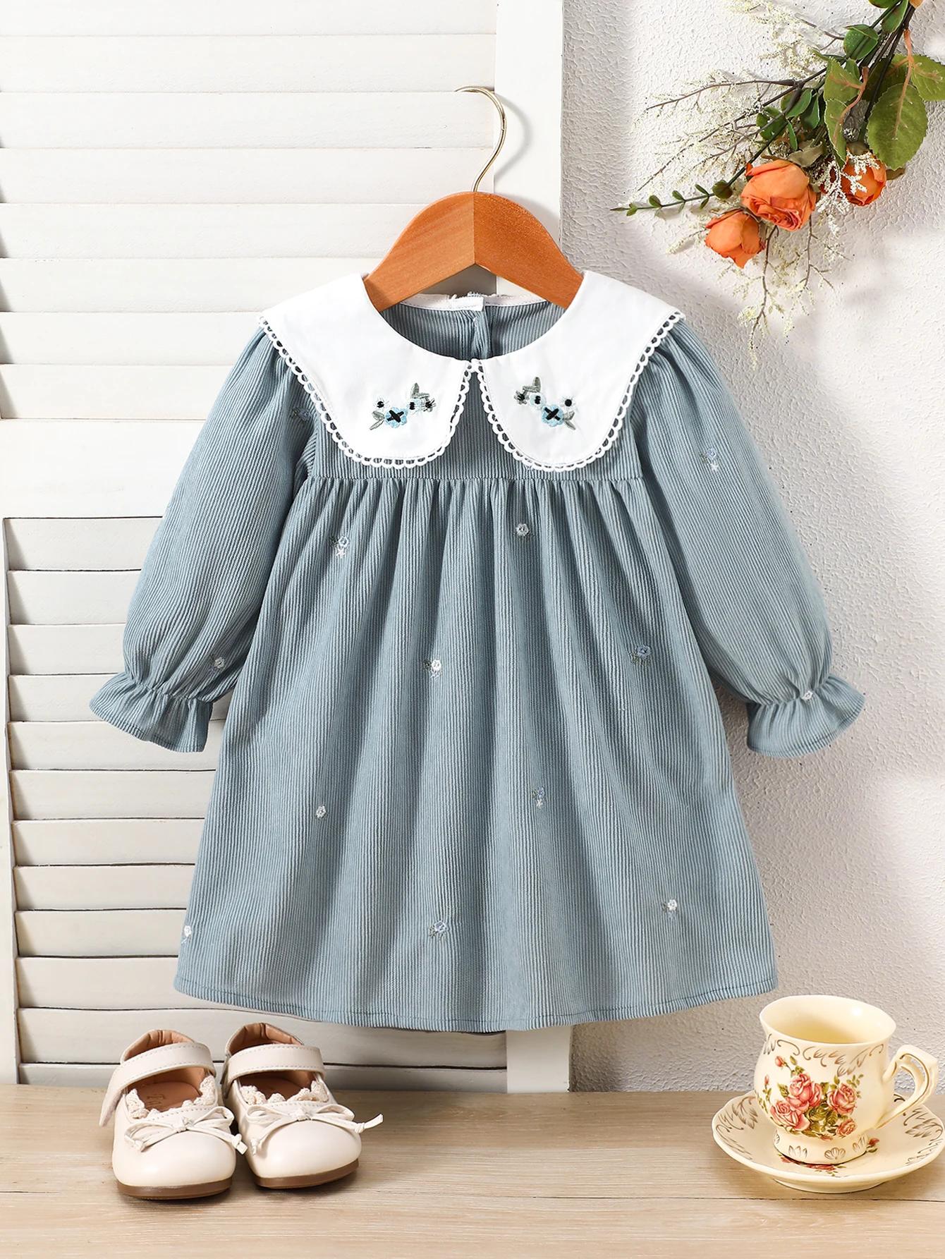 Robe en velours côtelé brodée de fleurs pour jeunes enfants, col brodé bicolore, robe à manches long